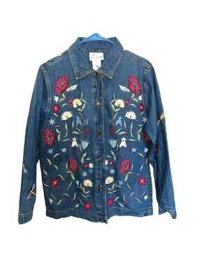 The Quacker Factory Denim Jacket Womens M Embroidered Floral & Butterfly Design